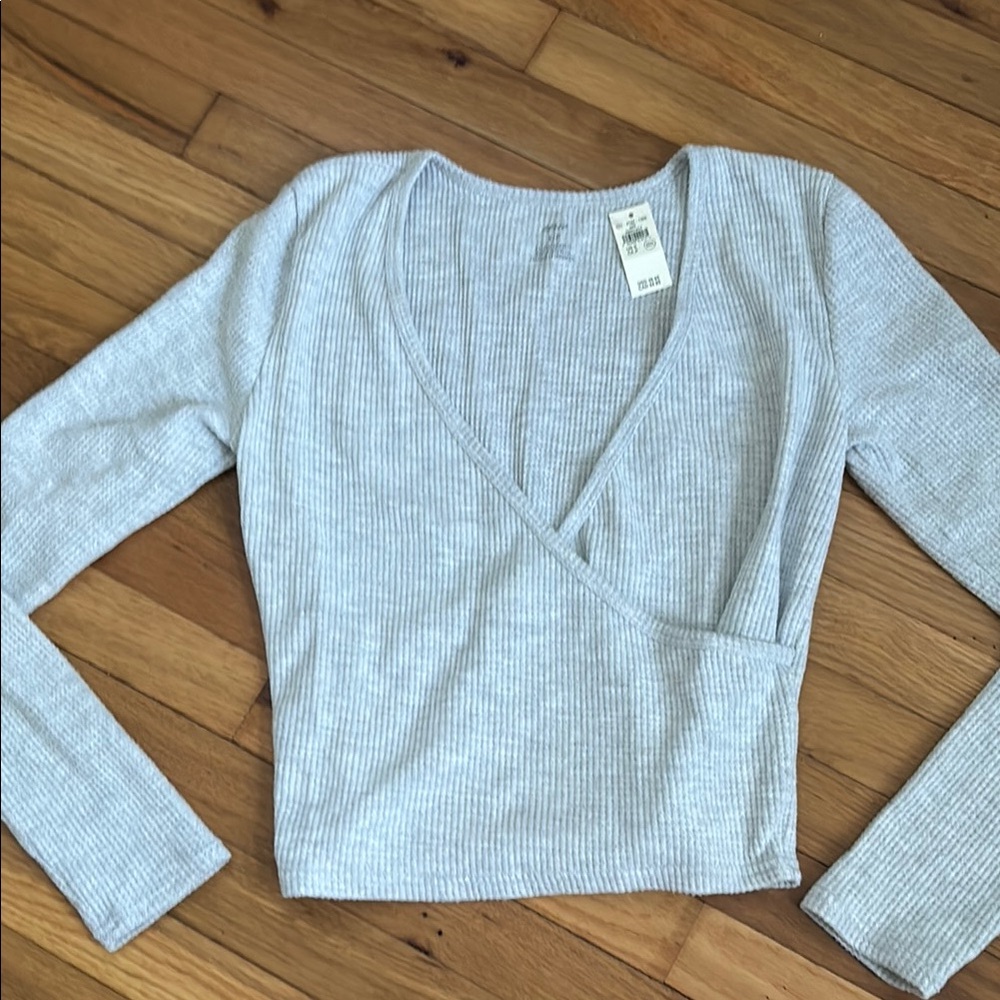 Aerie Gray Long Sleeve Wrap Crop Blouse